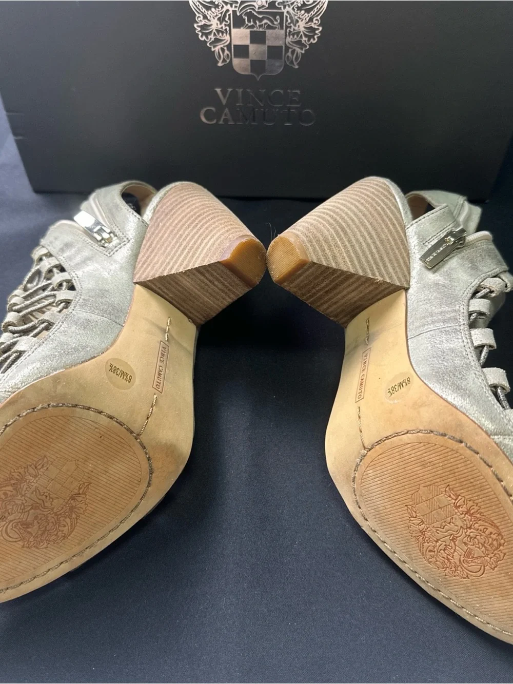Vince Camuto Distressed Gold Strappy Peep-Toe Zipper Side Women’s Heels